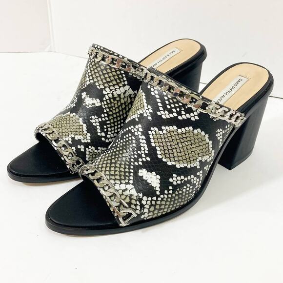 Snake embossed peep toe mules, womens 7.5 python pattern chain trim chunky heels - Picture 1 of 11